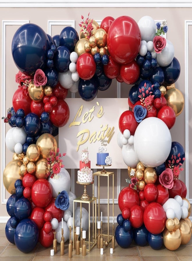 Togvu Red White Blue Balloons Arch Double Stuffed, Navy Blue Dark Ruby Red Balloons Garland kit, Matte White Metallic Gold Latex Balloon for Graduation Birthday 4th Of July Patriot Veterans Day Party Decor - Image 1